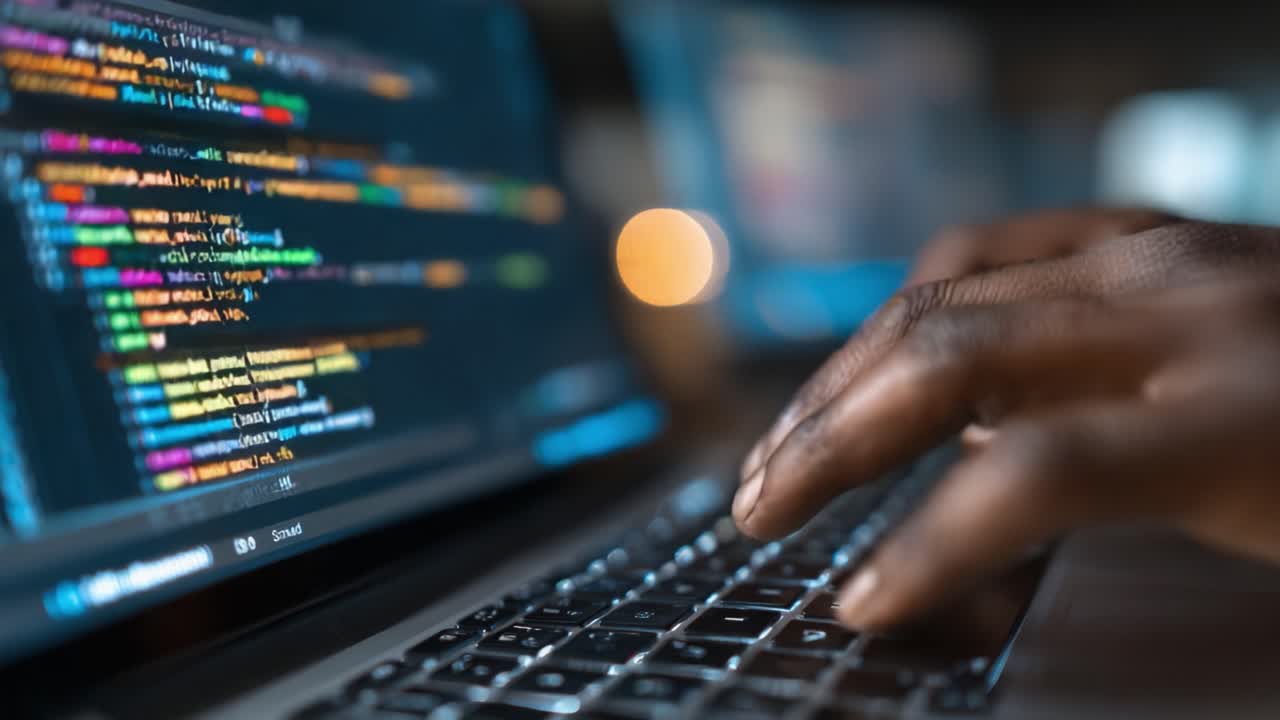 An Engaged Developer Focuses on Coding as Complex Algorithms and Colorful Syntax Illuminate the Screen, Showcasing the Art of Software Development in Progress