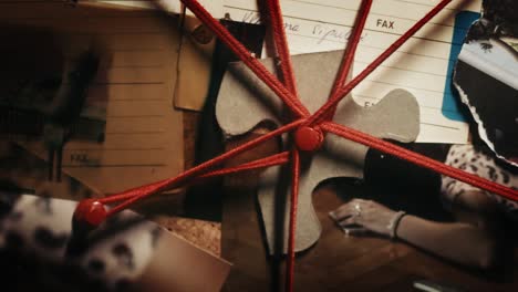 investigation cork board, with a web of red strings, connecting various items