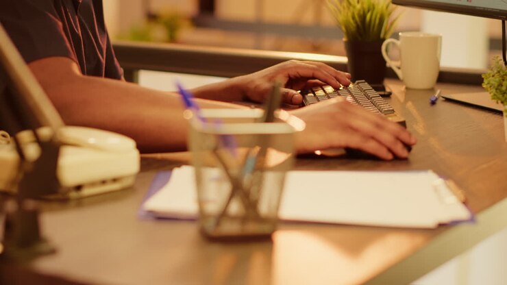 Man typing on keyboard in office