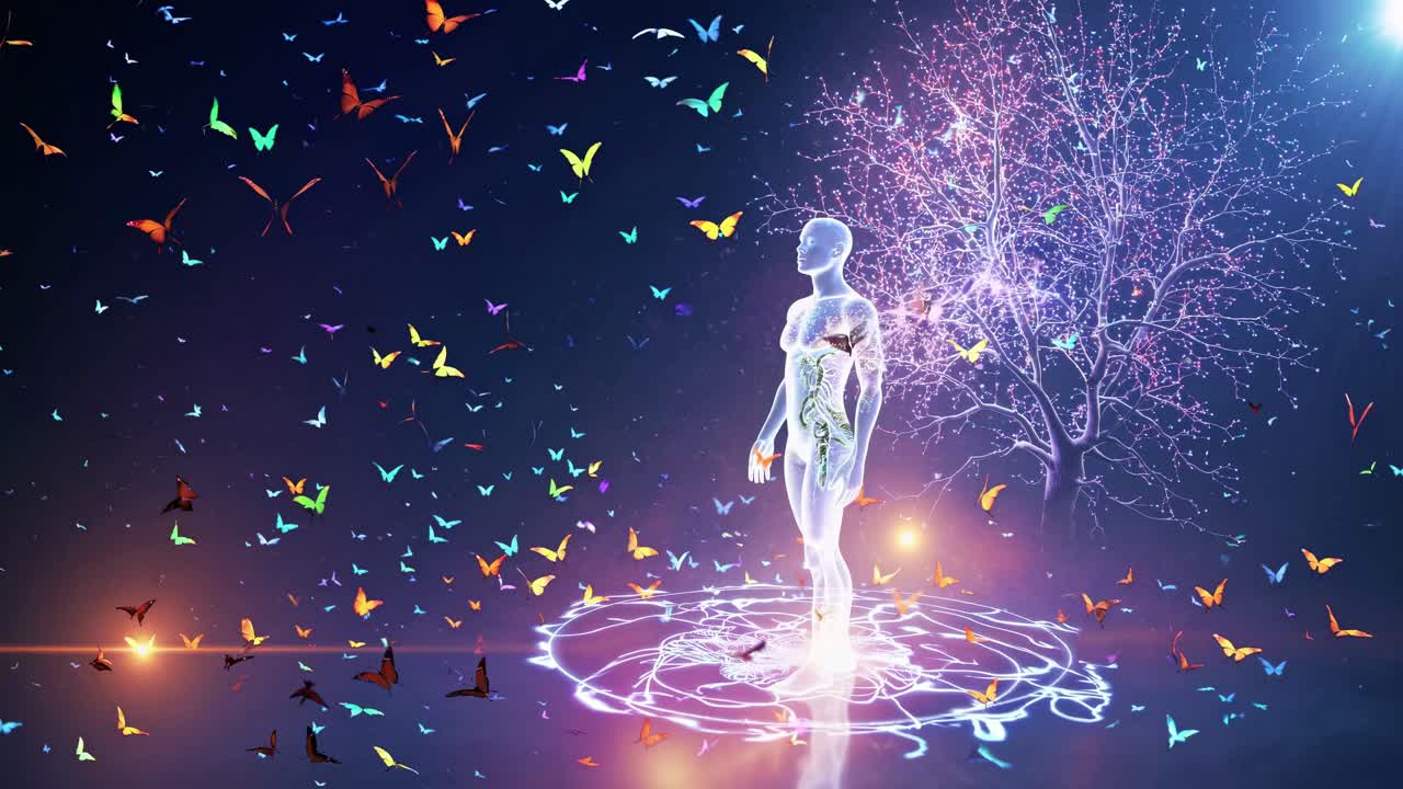 Glowing human body standing beside a magical tree, surrounded by colorful butterflies, embodying the cosmic connection between humanity and nature, and symbolizing harmony