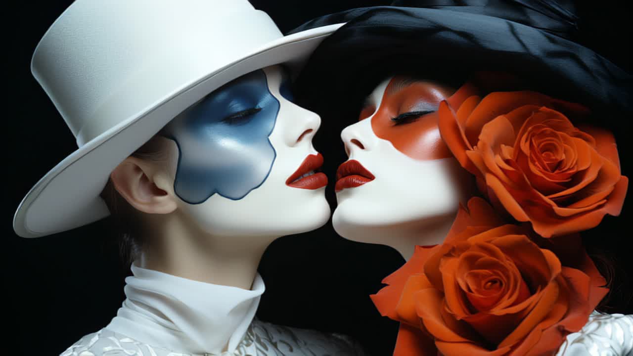 Women in white and blue makeup with red flower in hair on black background