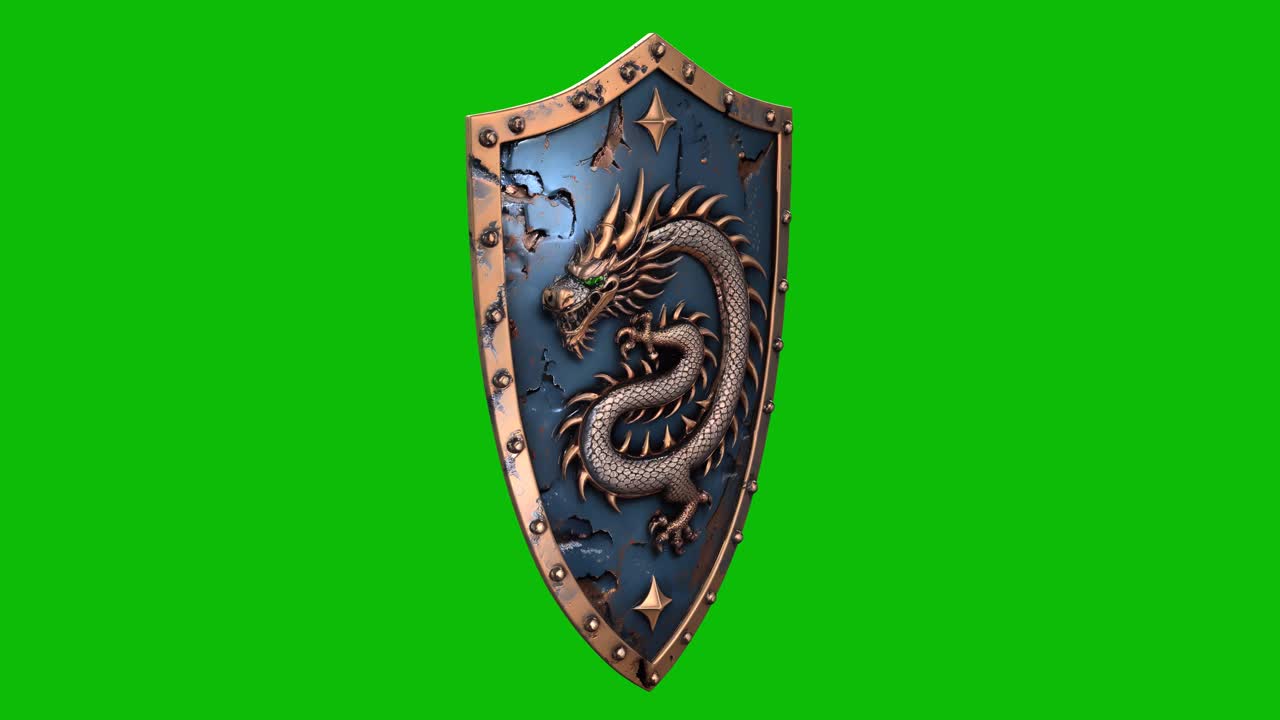 高精細な3Dファンタジー盾デザイン08。金属表面は摩耗し、華やかなリベット、ドラゴンのエンブレムが特徴。グリーンスクリーンで分離されているため、ファンタジーゲーム、壮大なプロジェクト、VFXコンポジションに最適です。