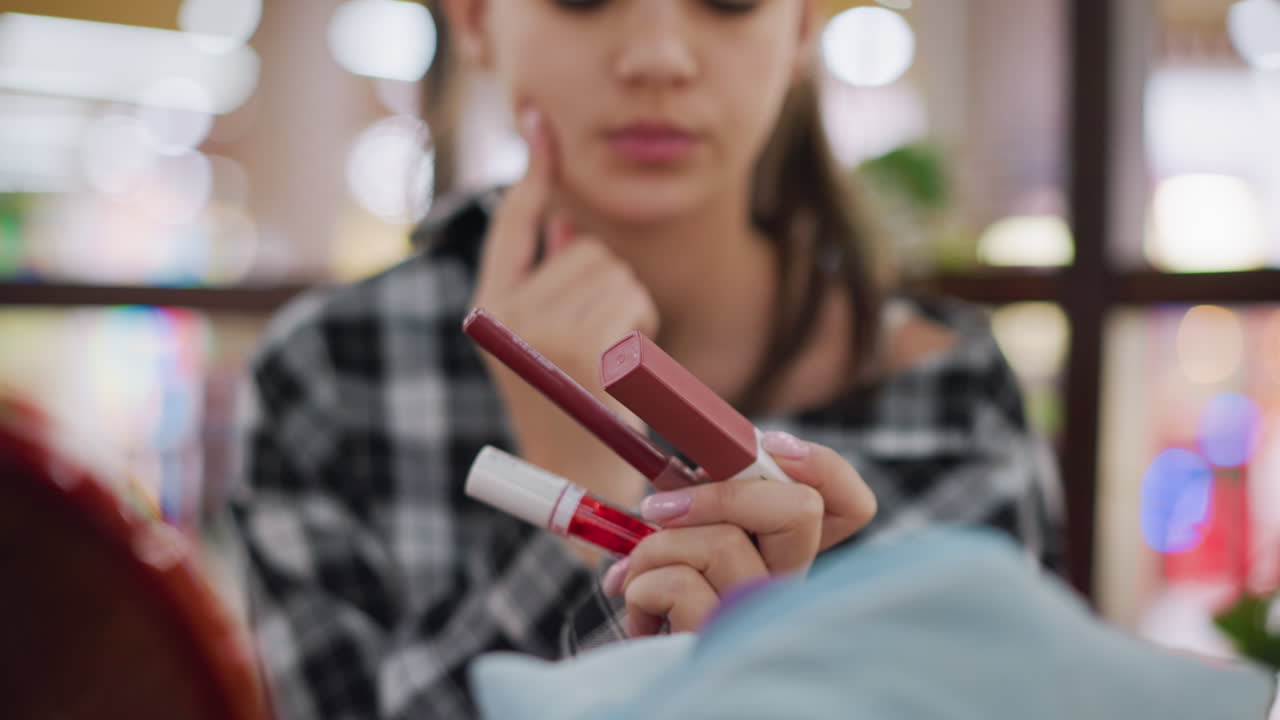 vista de cerca de una mujer examinando cuidadosamente tres productos cosméticos en su mano, decidiendo cuál usar, ella elige con fuerza uno, centrándose en las elecciones de belleza y la selección de maquillaje