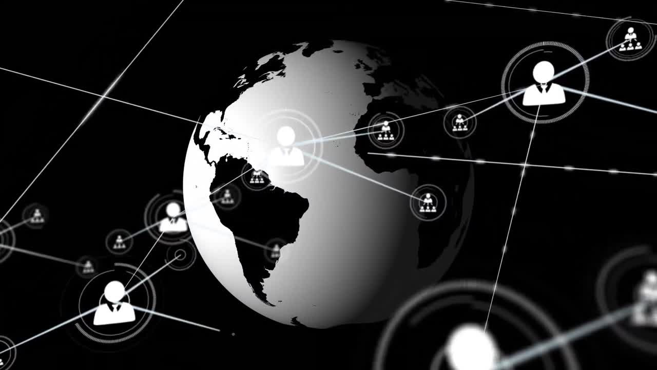 검은색 배경에 회전하는 지구 위의 프로필 아이콘 네트워크의 애니메이션