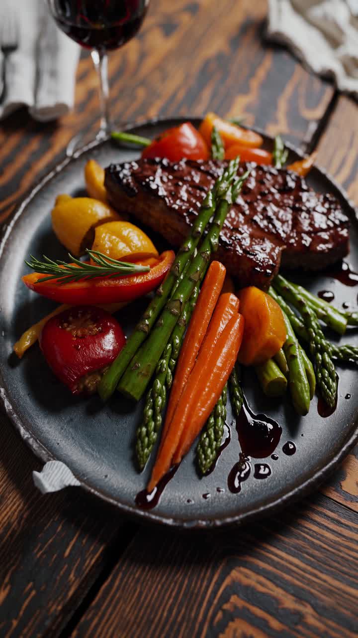 Vista aerea di un piatto gourmet di bistecca con verdure vivaci su un tavolo rustico.