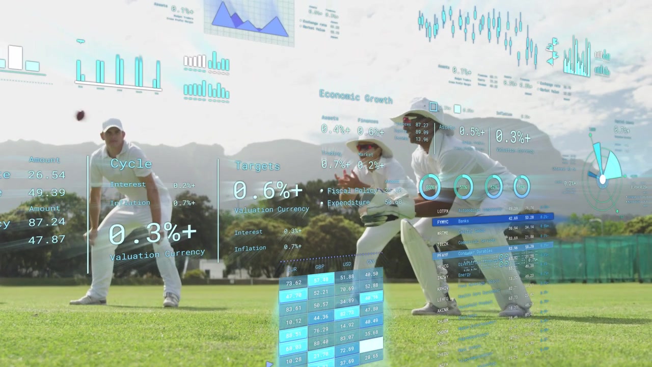 Keeper collecting ball after cricket delivery while fielders appealing, HUD showing metrics