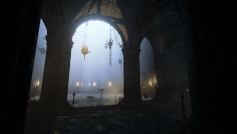 mysterious underground chamber illuminated by soft light and ornate lanterns