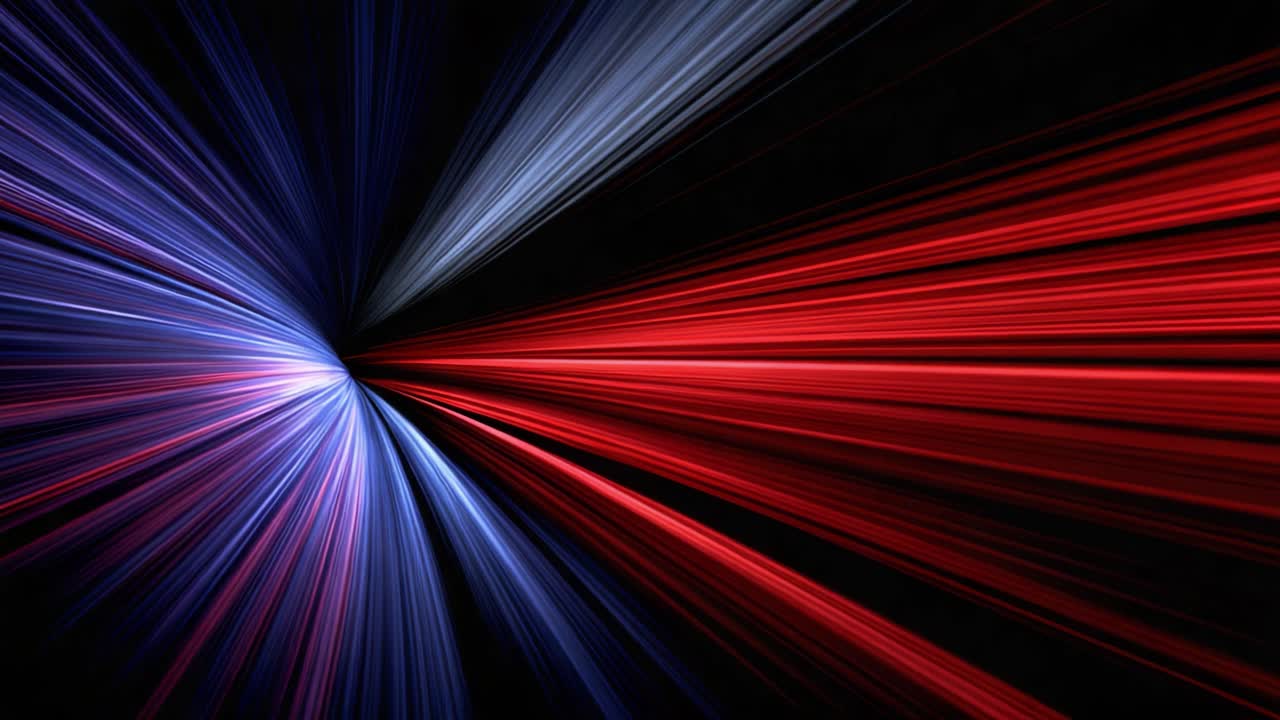 Esplosione dinamica di motivi luminosi colorati, composta da flussi blu radianti e rossi infuocati, che crea un'intensa esperienza visiva di energia e movimento su uno sfondo scuro.