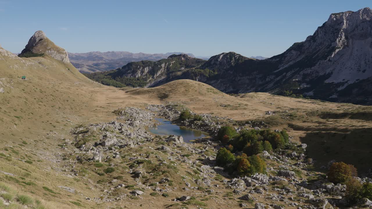 Rocky puddle in mountain landscape at Durmitor, Montenegro, wide static view