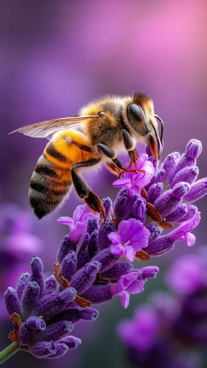 A bee on a lavender flower with a pink background