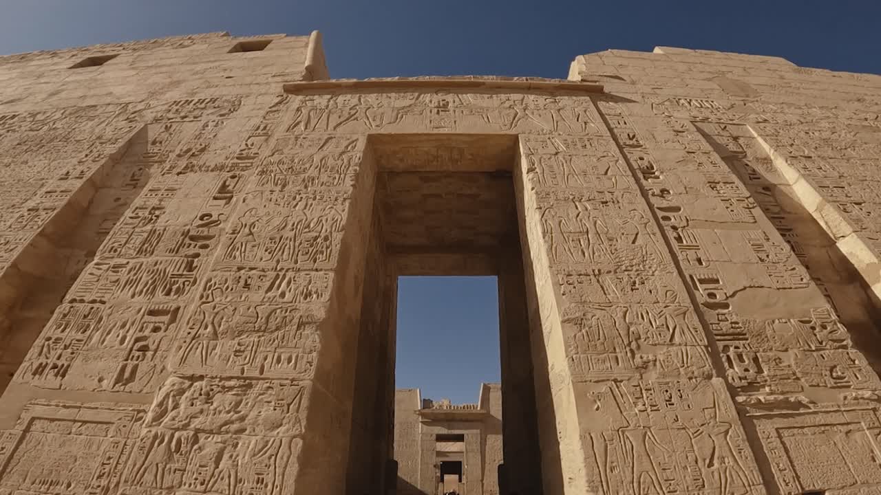 Wide-angle view of the grand stone entrance to an ancient Egyptian temple, adorned with detailed hieroglyphic carvings. The shot captures the symmetry and monumental scale of the historic structure.