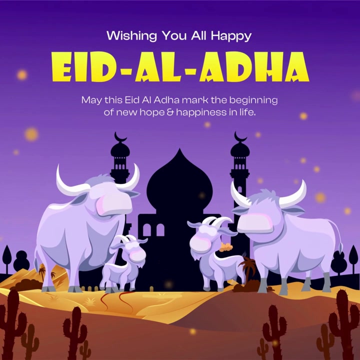 Auguri di buon Eid Al Adha con moschea e animali nel deserto