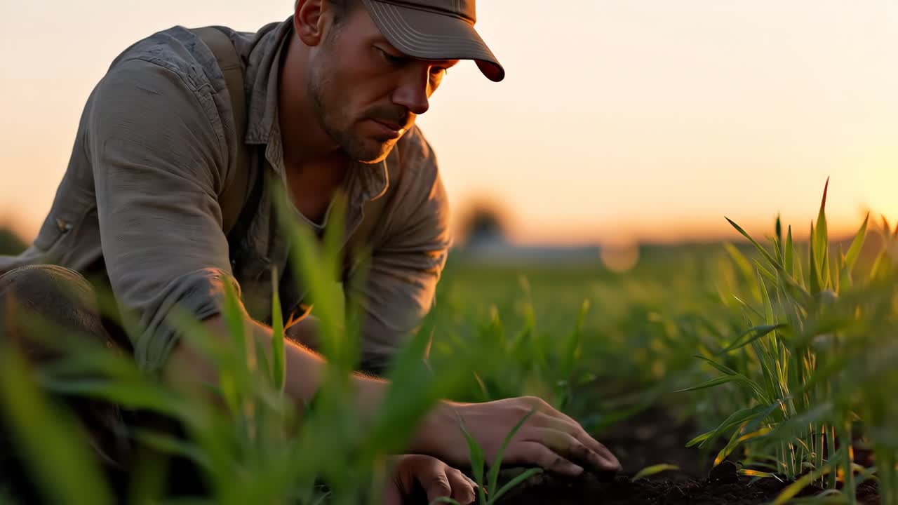 agricultor inspecionando pés de milho verde no campo ao pôr do sol