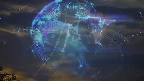 digital globe with network connections animation over cloudy sky background