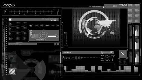 animation of scope scanning and data processing on black background