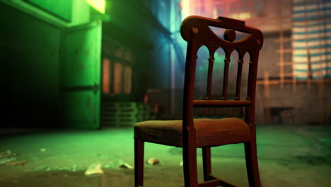 an old wooden chair sits in a dark, abandoned room with green neon lights.