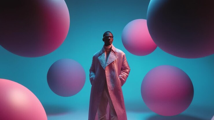Una persona alla moda in un ambiente moderno e artistico, circondata da sfere vivaci, che mette in mostra una miscela unica di moda e design creativo in un'atmosfera colorata e accattivante