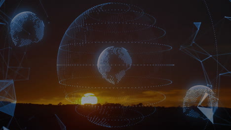 holographic globes floating over sunset horizon, displaying network lines and dots in flat design