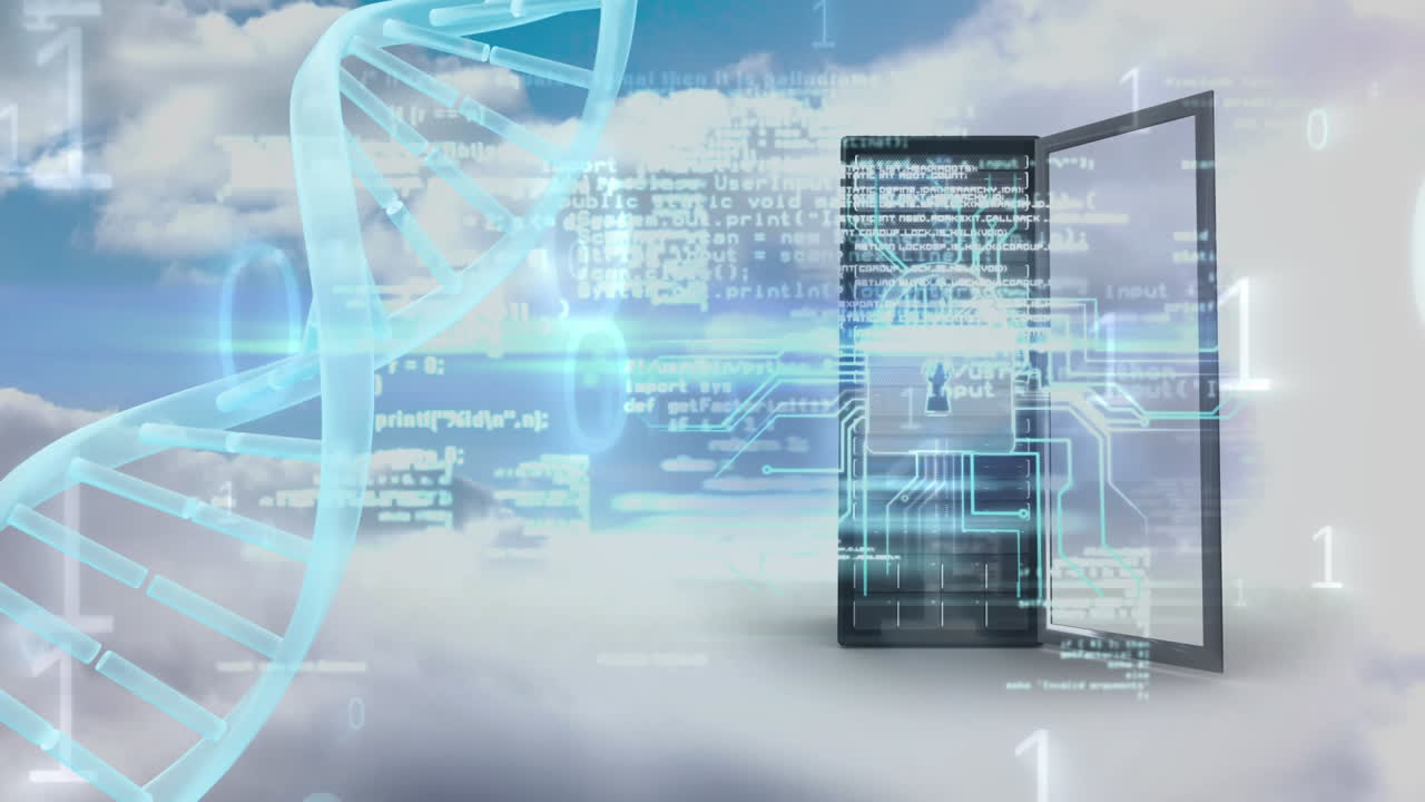 Cloud and sky with data center security and DNA spiral