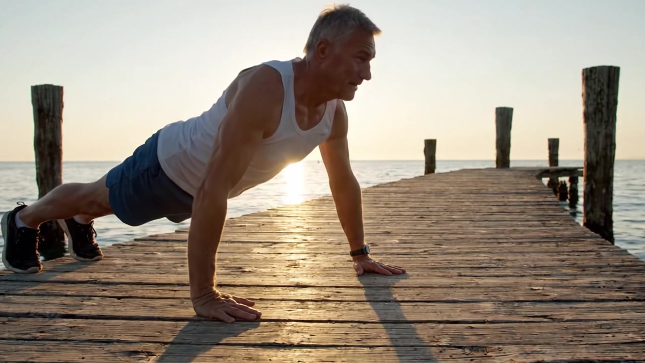 A dedicated individual performing push-ups on a sunlit dock, showcasing strength and determination against the serene backdrop of the ocean at dusk