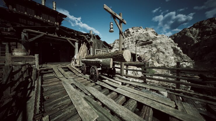 Old wooden bridge leading to rustic mining settlement in a mountainous area