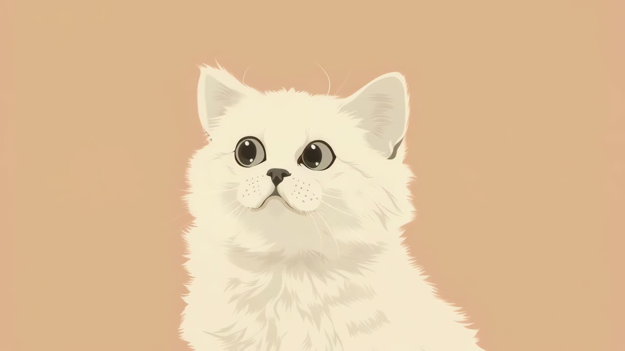 Illustrated video of a fluffy white cat with wide eyes, captured from a low angle