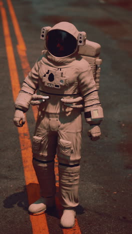 astronaut standing on a road in a futuristic setting