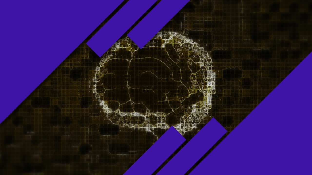 Animation of rotating brain, with purple rectangles moving on black background