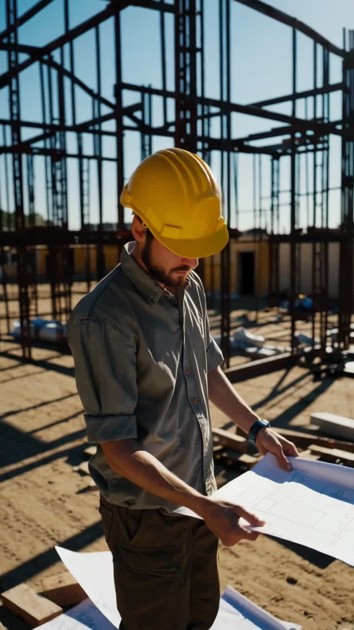 Construction Site Engineer Reviewing Plans