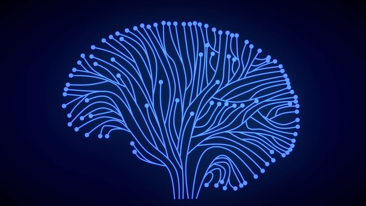 Neon Blue Circuit Board Lines And Dots Create Human Brain