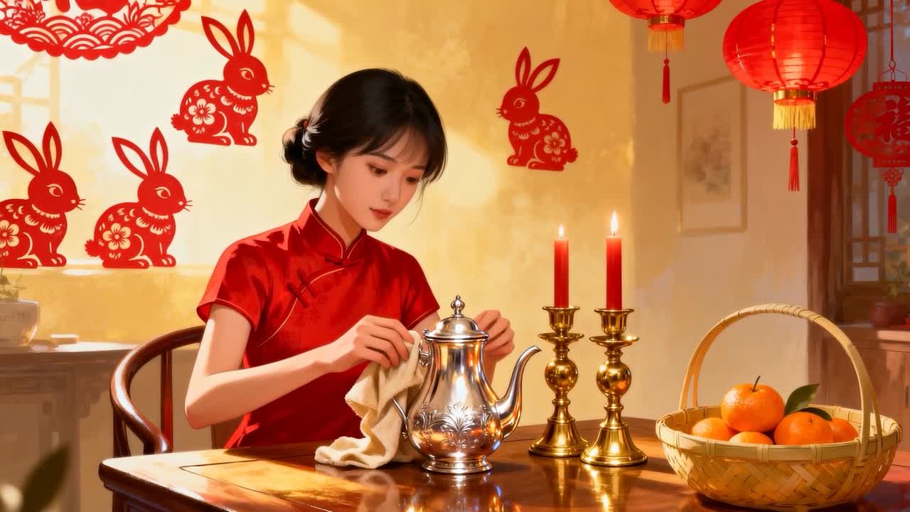 Mulher de cheongsam vermelho preparando um festival, polindo um bule de prata em uma mesa de madeira com um pano