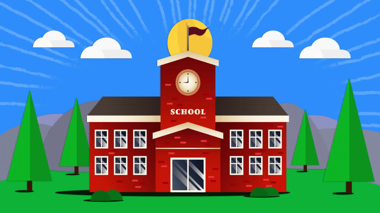 Red brick school building with clock and flag, educational animation