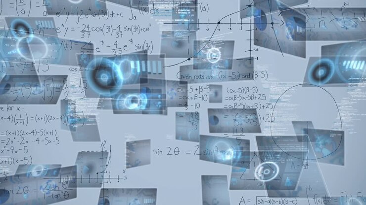Animation of mathematical equations and data processing on white background