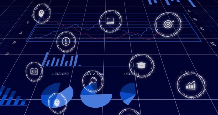 Åpner med et 3D blått rutenett, der ikoner dukker opp, sektordiagrammer vokser, grafer oscillerer og data visualiseres.