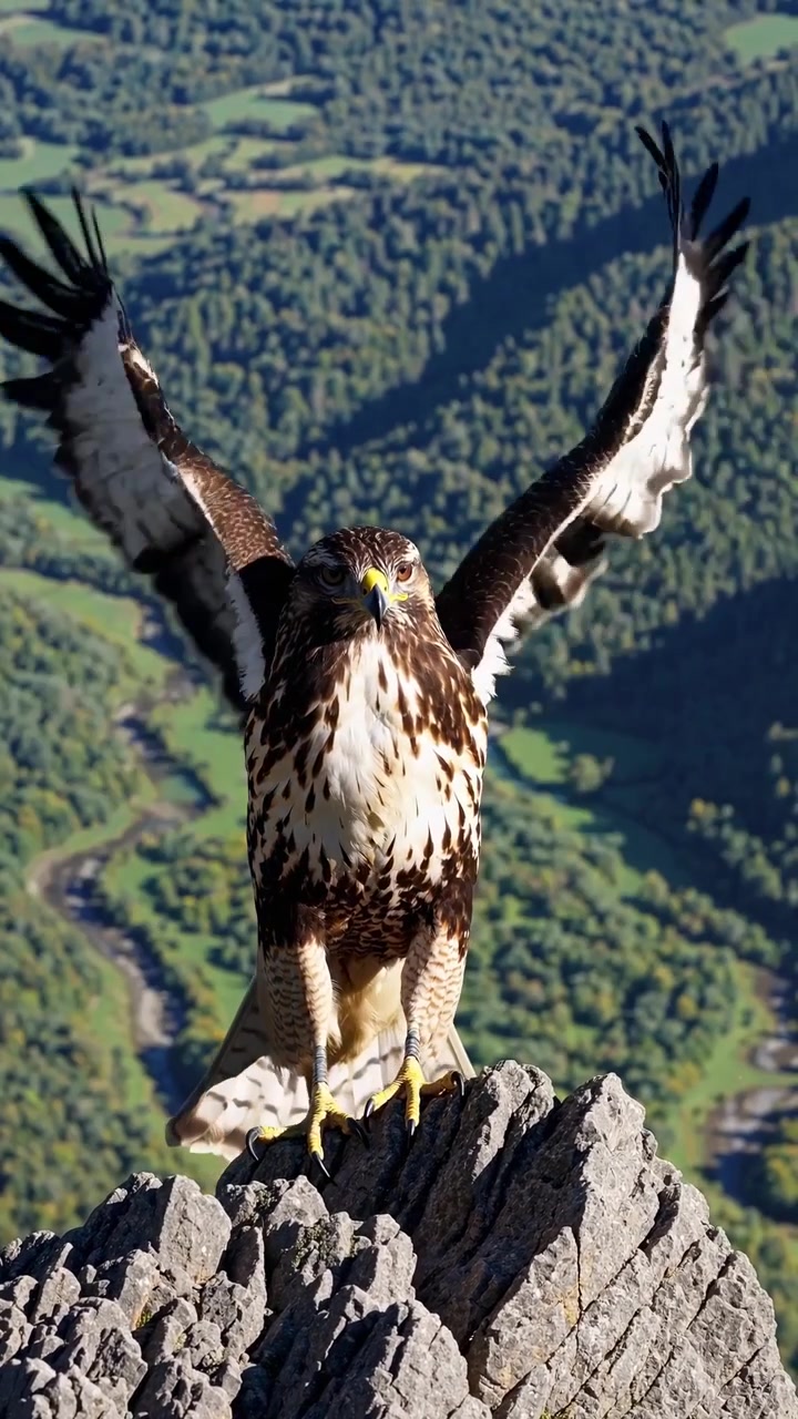 Majestätischer Greifvogel breitet Flügel auf Berggipfel aus