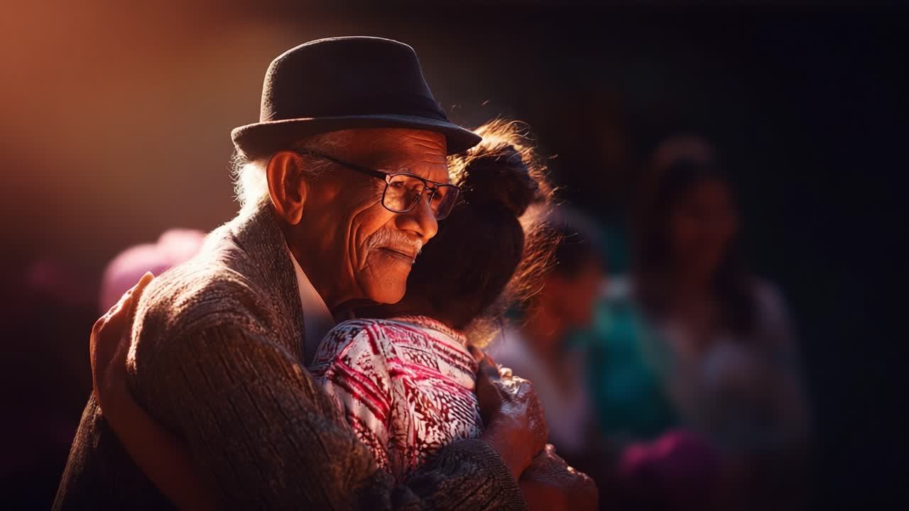 A heartwarming moment captured between an elderly man and a young girl, enveloped in a tender embrace, radiating love and connection amidst soft, warm lighting