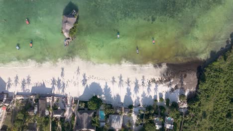 Costa-De-La-Playa-De-Zanzíbar-Con-Siluetas-De-Sombra-De-Palmeras,-Aérea