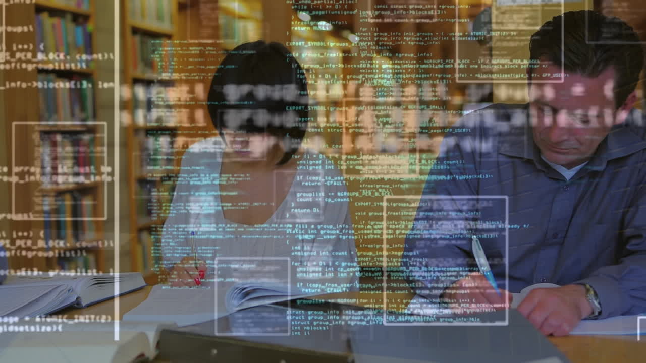 도서관에서 다양한 사람들을 대상으로 한 데이터 처리의 애니메이션