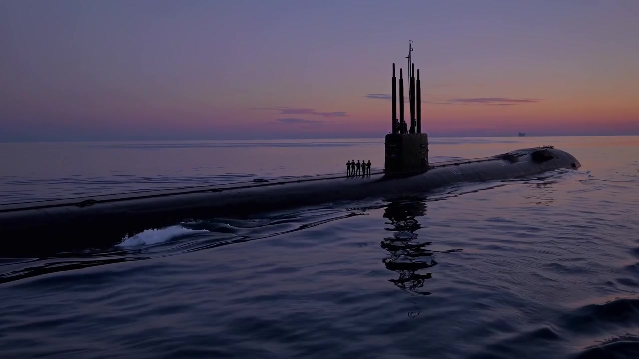 夕焼けの甲板に隊員がいる軍事潜水艦