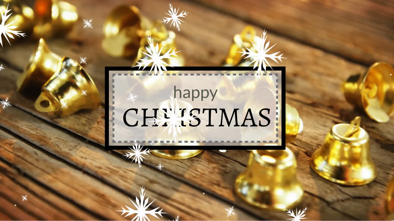 animación de luz moviéndose sobre felices navidades y campanas en superficie de madera