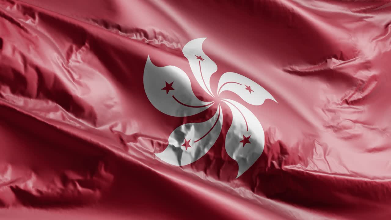 홍콩의 발이 바람에 흔들리고, 홍콩의 배너가 바람에 휘어지고, 배경이 가득 차 있고, 10초의 루프가 있습니다.