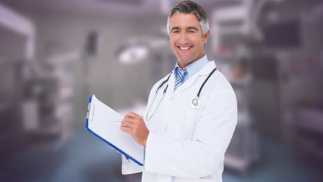 animación de un médico caucásico sonriente con un portapapeles sobre una cinta azul