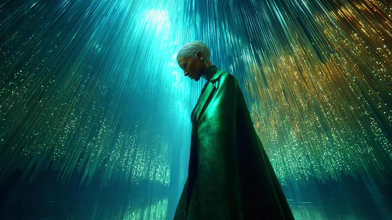 A Mystic Figure Shrouded in Ethereal Light Under Vibrant Strings, Capturing a Moment of Reflection and Wonder in a Hypnotic Environment of Sparkling Illumination