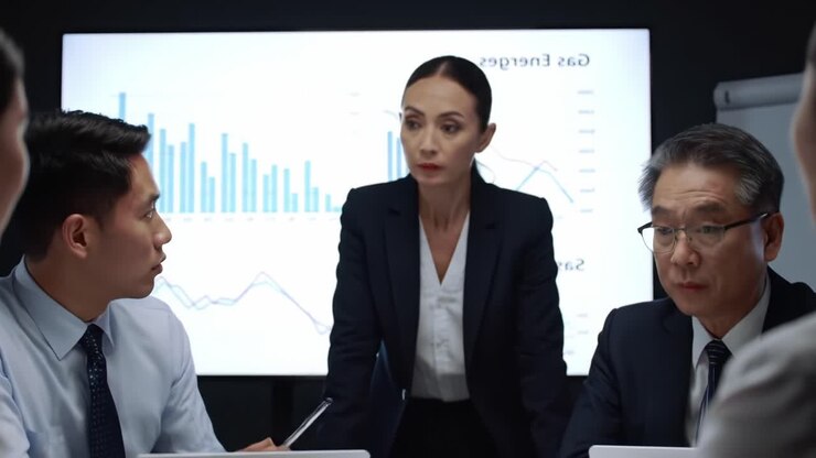 Team Discusses Business Strategies and Data Analysis in a Modern Office Setting
