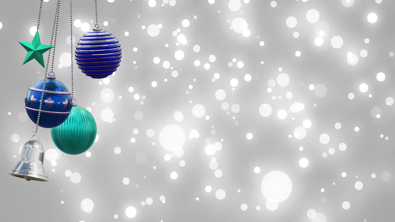 Animazione di palline di Natale sopra punti luce su sfondo grigio