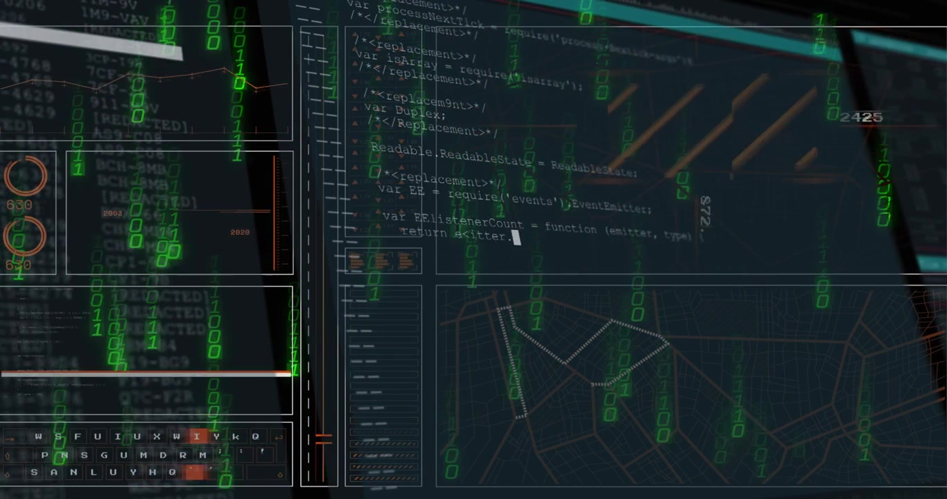 Green binary digits cascading, split interface loading code and drawing network map for monitoring