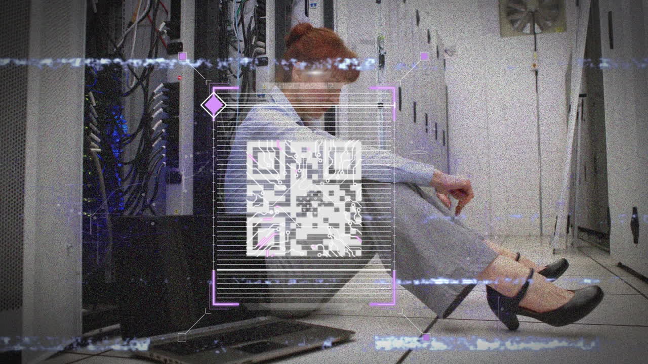 Animation of interference, qr code, fingerprint and data over woman working in server room