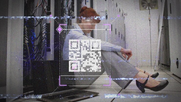 Animation of interference, qr code, fingerprint and data over woman working in server room