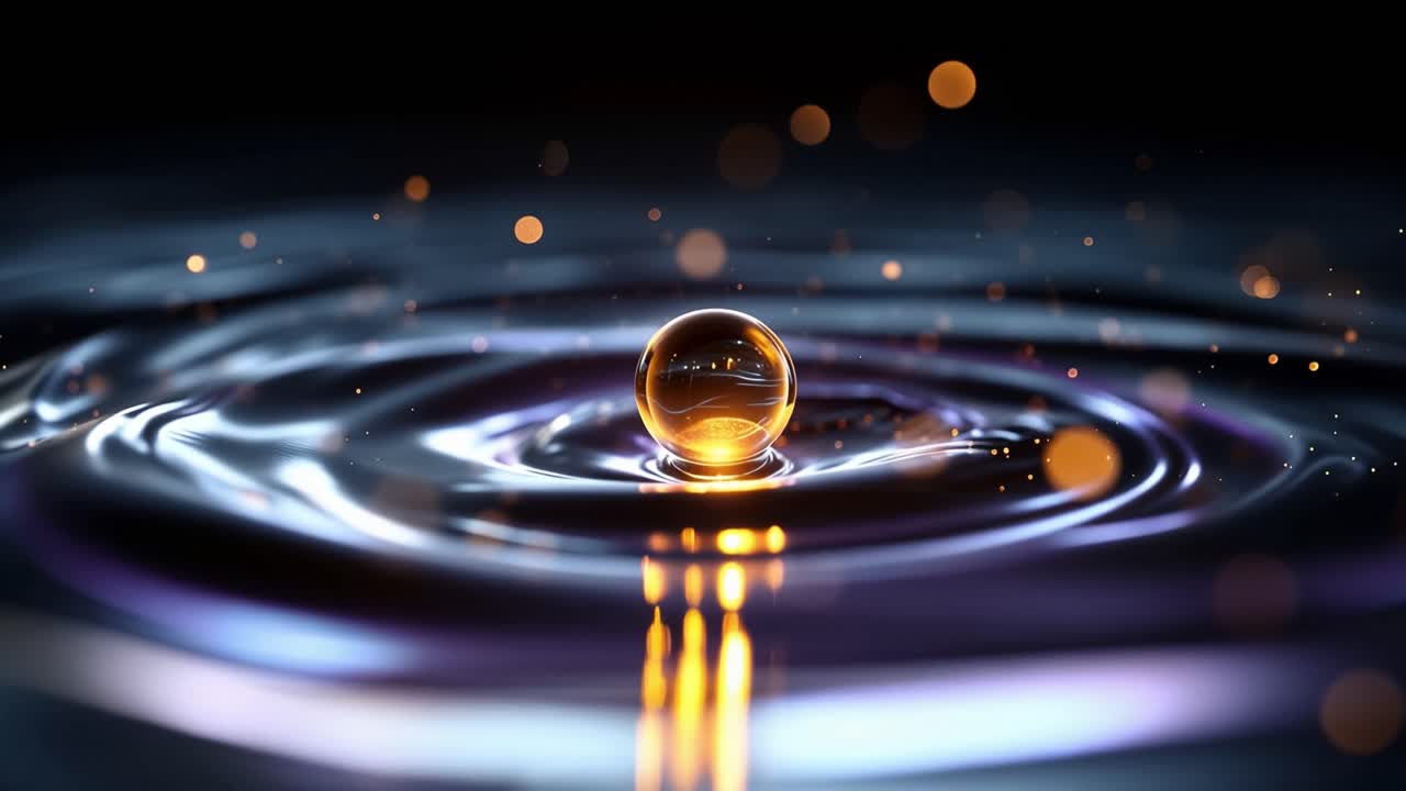 Single drop hits water, creating ripples of light and motion. Golden particles swirl within the droplet, glowing softly. Darkness surrounds the scene, accenting the droplet's brilliance