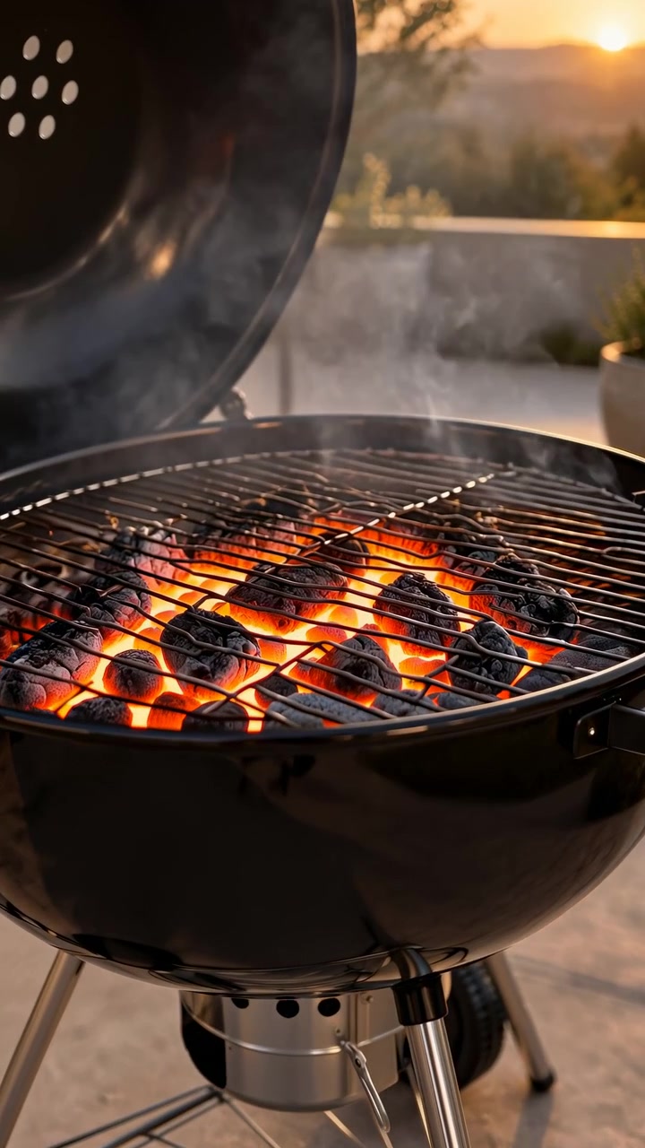 Un barbecue a carbone nero riempie gran parte dell'inquadratura mentre il carbone ardente brucia sotto la griglia di cottura vuota, con volute di fumo che salgono contro il sole serale dorato e le colline lontane